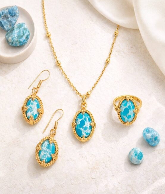 Larimar Stone Gold-Plated Jewellery Set - Necklace, Earrings, Ring