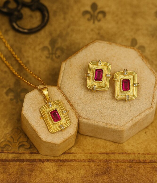 Crimson Heirloom Pendant & Earrings